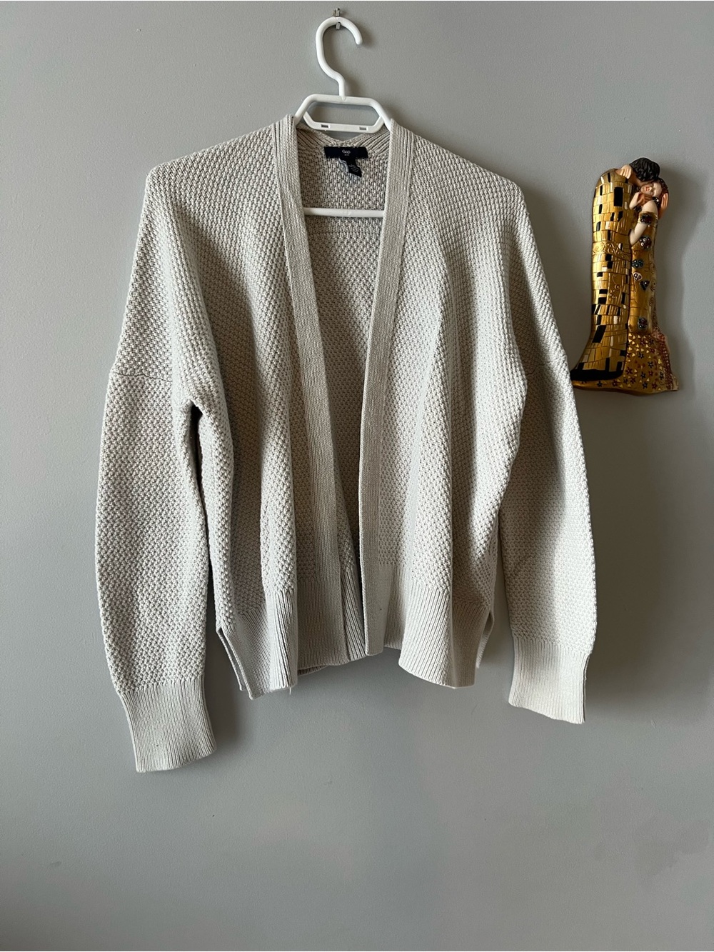 GAP 100% Cotton Light Grey Oversized Open-Front Textured Knit Cardigan Size M